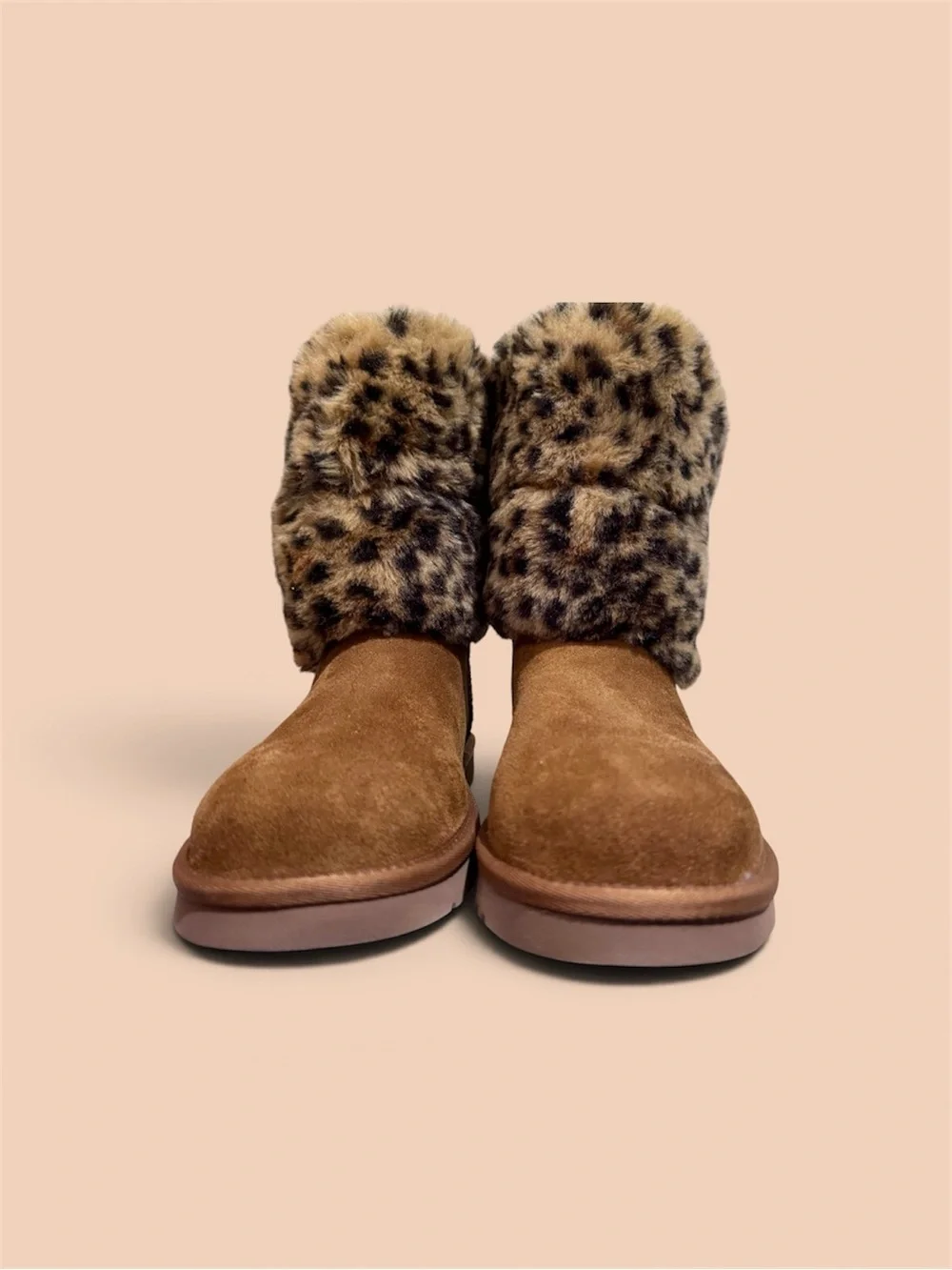 UGG Koolaburra Tan Suede Ankle Boots with Leopard Faux-Fur Cuff
